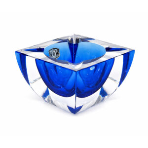 Vintage Val Saint Lambert blue and clear crystal ashtray with original label