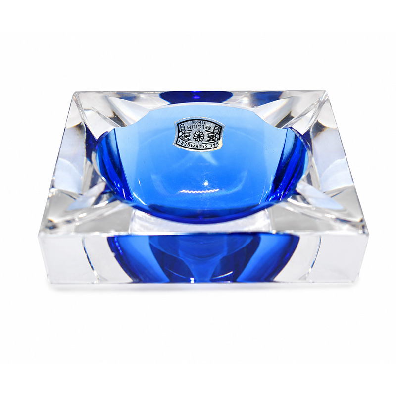 Vintage Val Saint Lambert blue and clear crystal ashtray with original label