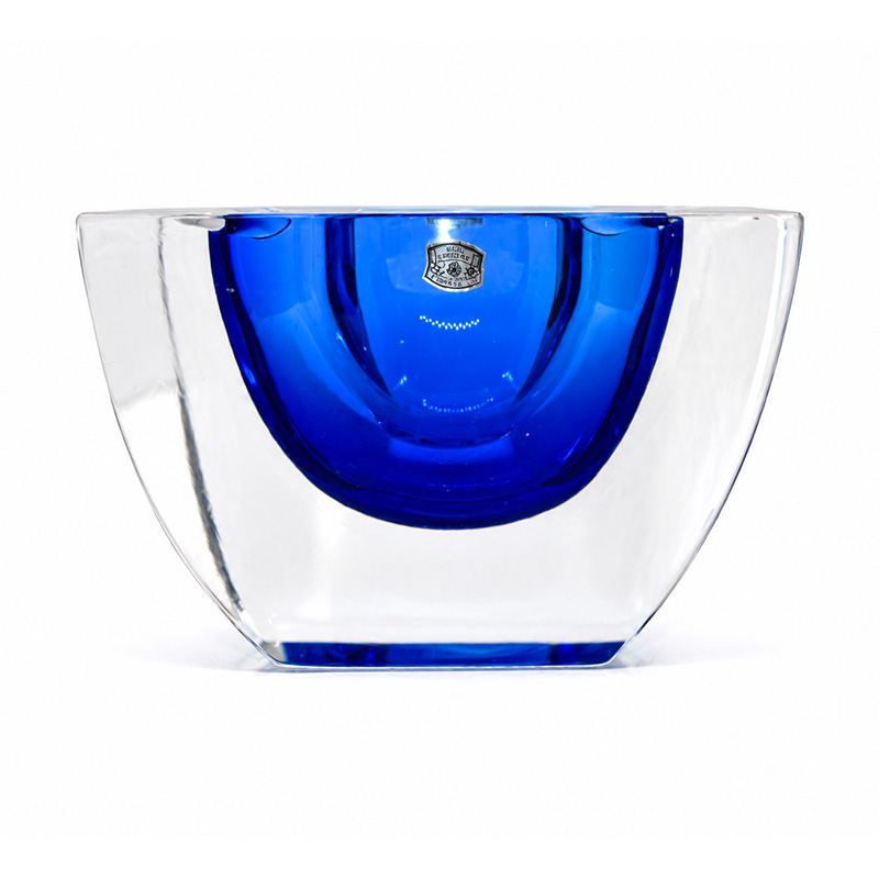 Vintage Val Saint Lambert blue and clear crystal ashtray with original label