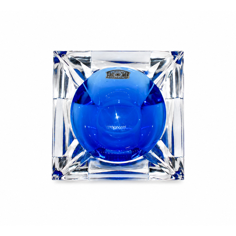 Vintage Val Saint Lambert blue and clear crystal ashtray with original label
