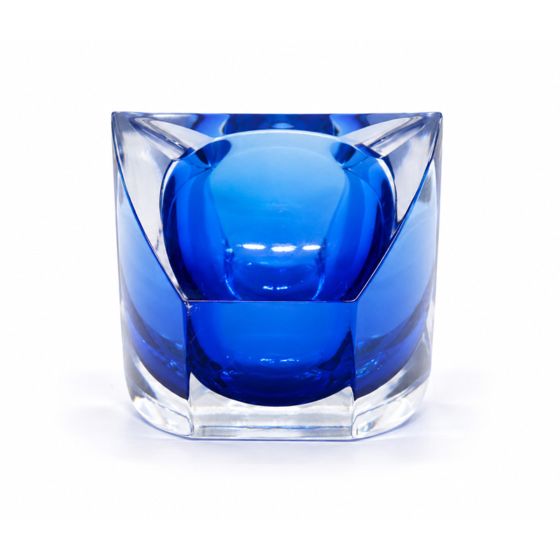 Vintage Val Saint Lambert blue and clear crystal ashtray with original label