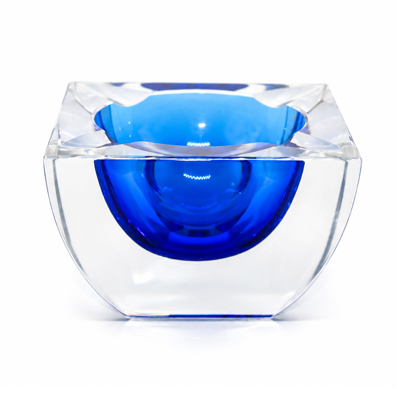 Vintage Val Saint Lambert blue and clear crystal ashtray with original label