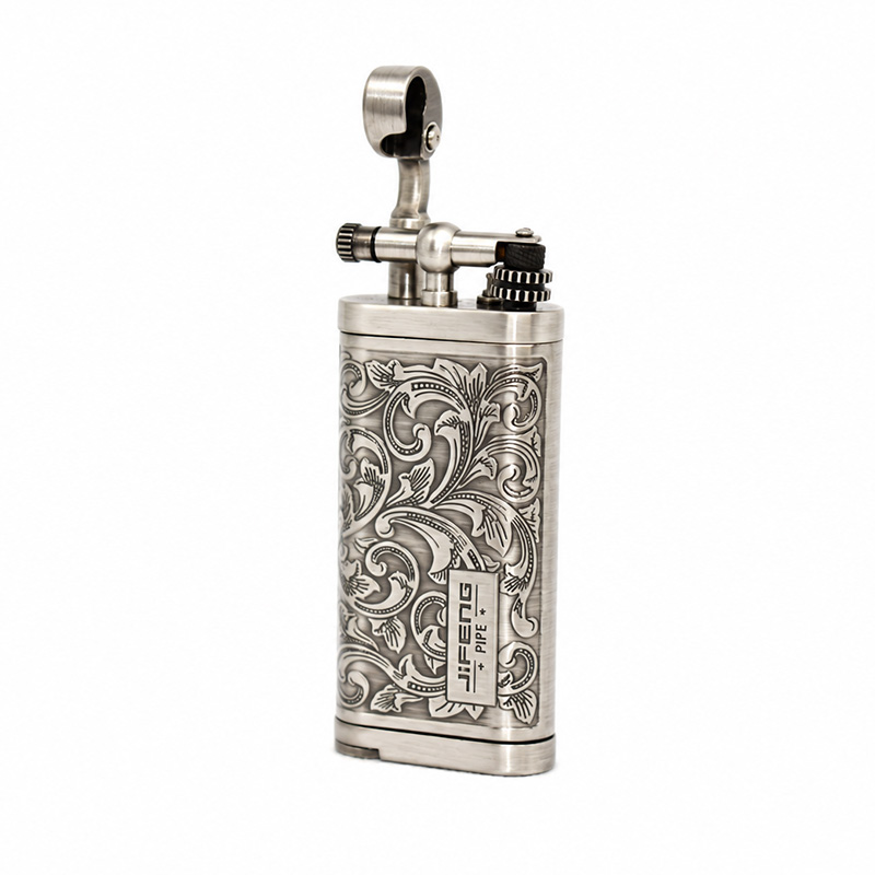Jifeng silver pipe lighter with an elegant engraved design and angled flame