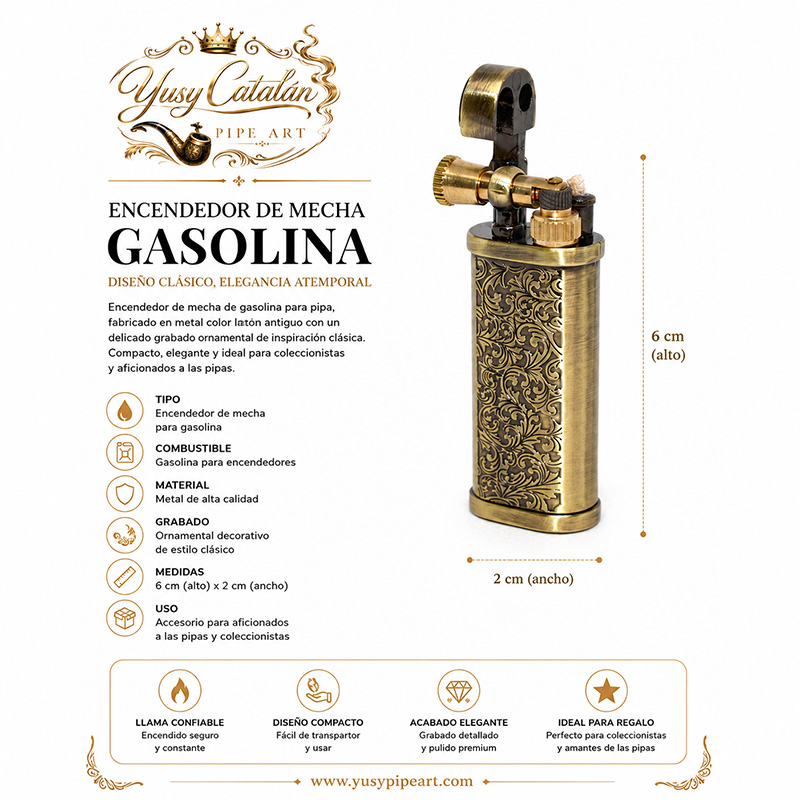 Gasoline Wick Lighter for tobacco pipes Made from Antique Bronze-colored metal