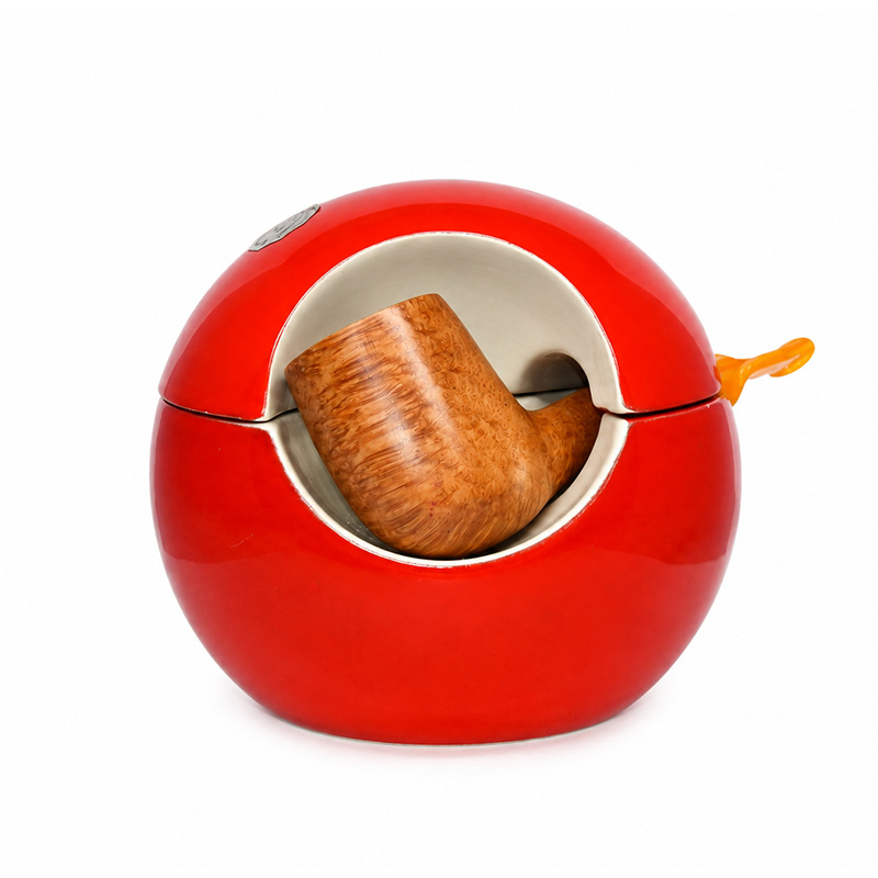 Vintage Denicotea France red ceramic tobacco jar with integrated pipe rest