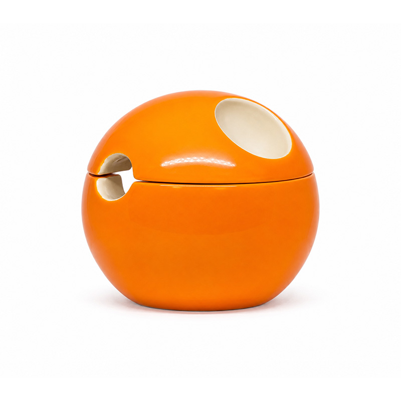 Denicotea France vintage orange ceramic tobacco jar with integrated pipe rest