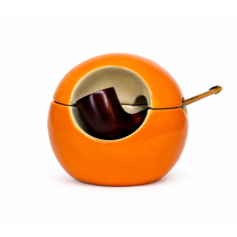 Denicotea France vintage orange ceramic tobacco jar with integrated pipe rest