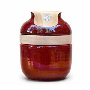 Vintage Denicotea France 3-piece tobacco jar with ashtray and pipe rest. Iridescent burgundy and cream ceramic, original label and Denicotea mark.  