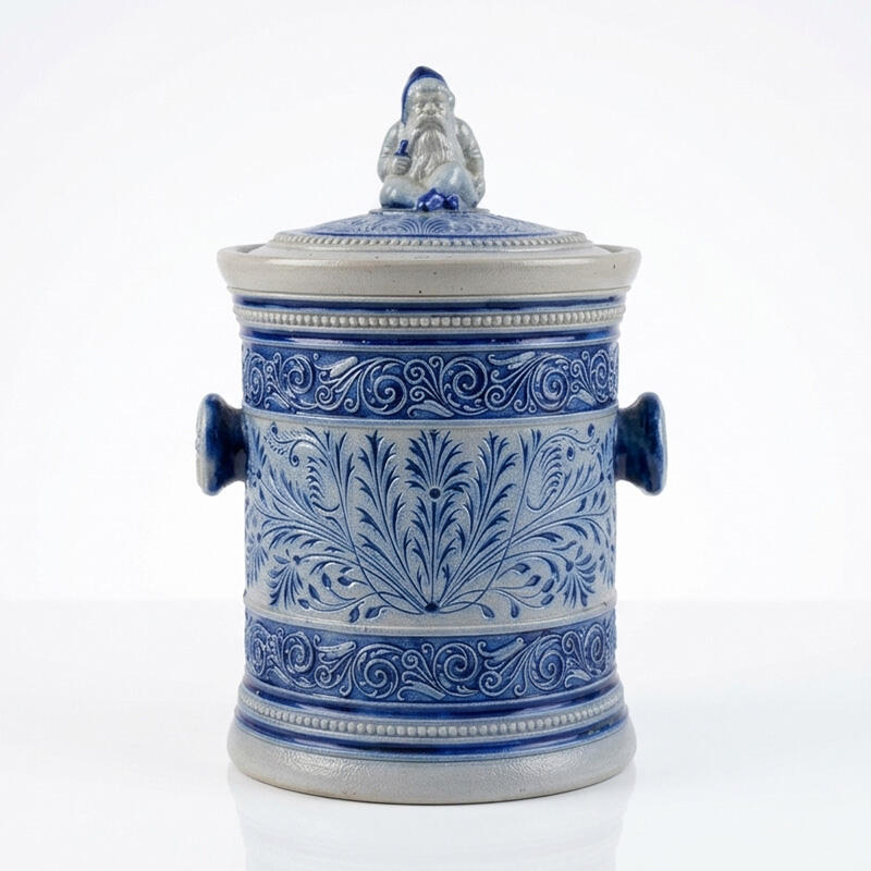 Antique Simon Peter Gerz 672 stoneware tobacco jar from the Westerwald, c.1880–1900, with cobalt-blue relief decoration and original Zwerg lid finial.