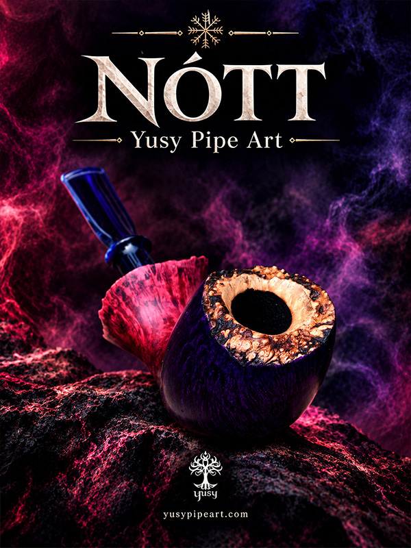 Purple Rose Freehand artisan pipe by Yusy Pipe Art featuring contrast grain, a natural plateau crown and a pearlescent blue acrylic stem.
