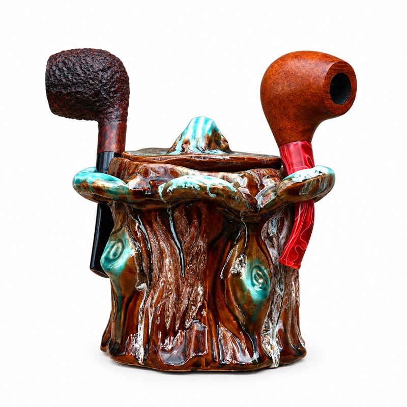 Handcrafted mid-century ceramic pipe stand holding two smoking pipes in its exterior loops.